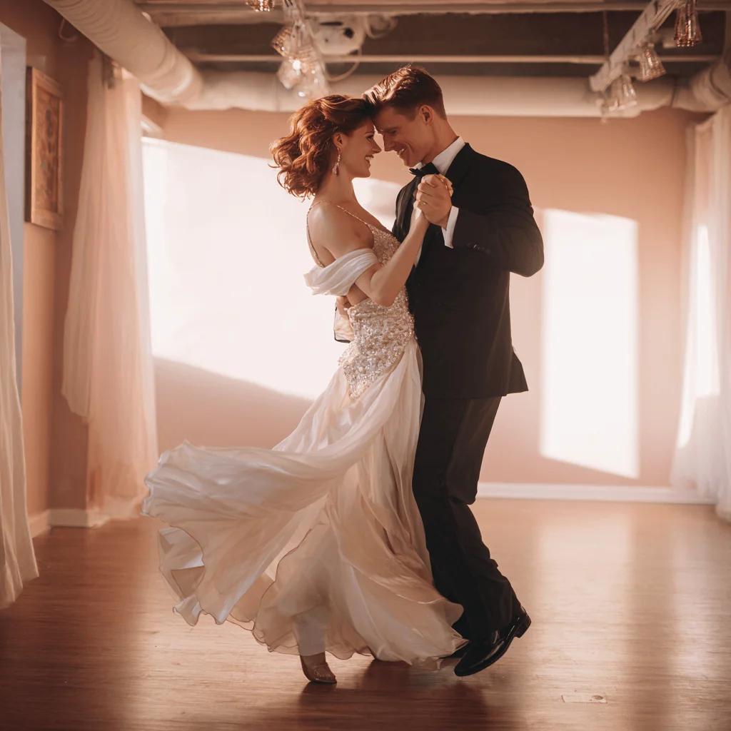 Wedding dance lessons Chester — couple practising their first dance in a studio